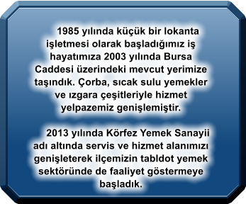 1985 yılında küçük bir lokanta işletmesi olarak başladığımız iş hayatımıza 2003 yılında Bursa Caddesi üzerindeki mevcut yerimize taşındık. Çorba, sıcak sulu yemekler ve ızgara çeşitleriyle hizmet yelpazemiz genişlemiştir.       2013 yılında Körfez Yemek Sanayii adı altında servis ve hizmet alanımızı genişleterek ilçemizin tabldot yemek sektöründe de faaliyet göstermeye başladık.