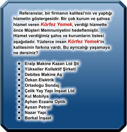 Referanslar, bir firmanın kalitesi'nin ve yaptığı hizmetin göstergesidir. Bir çok kurum ve şahısa hizmet veren Körfez Yemek, verdiği hizmette önce Müşteri Memnuniyetini hedeflemiştir. Hizmet verdiğimiz şahıs ve kurumların listesi aşağıdadır. Yüzlerce insan Körfez Yemek’in kalitesinin farkına vardı. Bu ayrıcalığı yaşamaya ne dersiniz?  •	Eralp Makine Kazan Ltd Şti •	Yükseller Kollektif Şirketi •	Debites Makine Aş •	Özkan Elektrik •	Ortadoğu Sondaj •	Çelik Yay Yapı İnşaat Ltd •	Kul Mobilya •	Ayhan Eczane Optik •	Aysan Petrol •	Nazar Yapı •	Borkal İnşaat